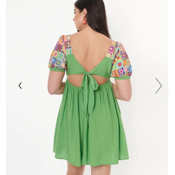 Smak Parlour for Unique Vintage NWT Lime Green & Quilt Pattern Babydoll Dress - Picture 3 of 5